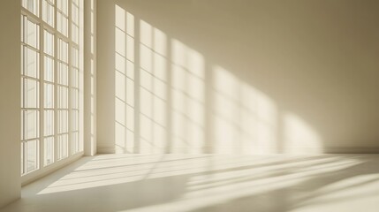 Fototapeta premium Beige studio background for product presentation Shadow of Window and Sunlight on Empty Room White Wall and Floor Summer concert Blurred backdrop : Generative AI