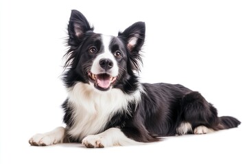 Fototapeta premium Beautiful black and white Border Collie, laying down side ways, mouth slightly open, looking towards camera, isolated on a white background , ai