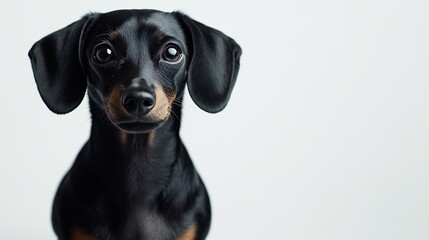 Black dachshund dog standing alert and looking at the camera on a white background : Generative AI