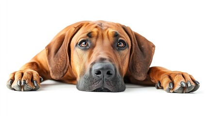 Obraz premium Handsome male Rhodesian Ridgeback dog laying down side ways with head and paws over edge Looking straight towards camera Isolated on a white background : Generative AI