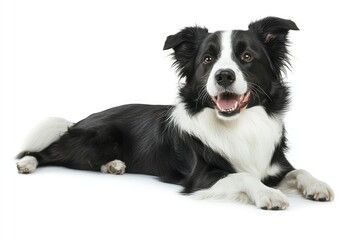 Fototapeta premium Beautiful black and white Border Collie, laying down side ways, mouth slightly open, looking towards camera, isolated on a white background , ai
