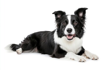 Fototapeta premium Beautiful black and white Border Collie, laying down side ways, mouth slightly open, looking towards camera, isolated on a white background , ai