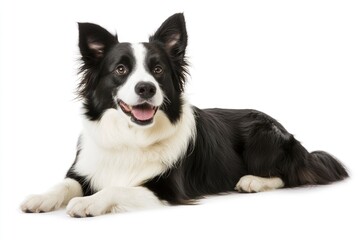 Fototapeta premium Beautiful black and white Border Collie, laying down side ways, mouth slightly open, looking towards camera, isolated on a white background , ai