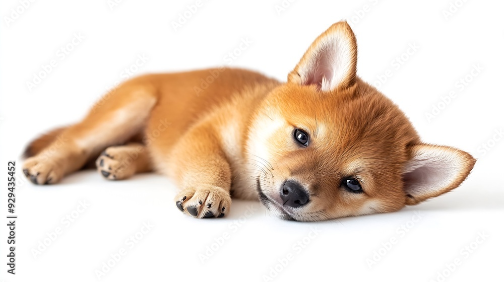 Poster back view of beautiful shiba inu puppy lying on floor isolated over white studio background pet look