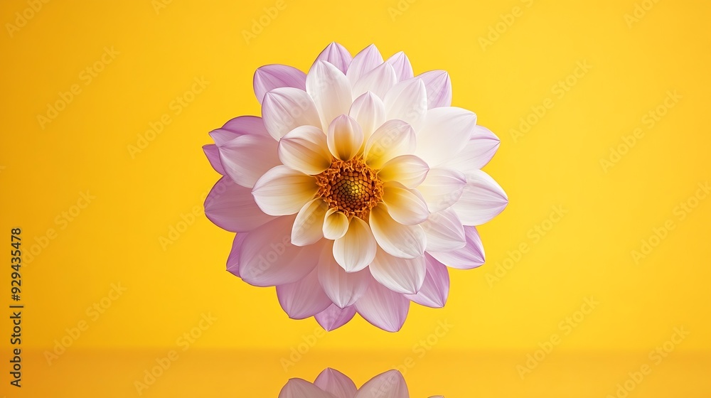 Poster beautiful fresh white and purple dahlia flower falling in the air isolated on yellow background levi
