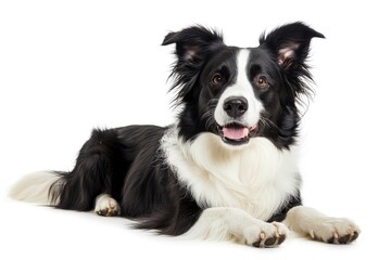 Fototapeta premium Beautiful black and white Border Collie, laying down side ways, mouth slightly open, looking towards camera, isolated on a white background , ai