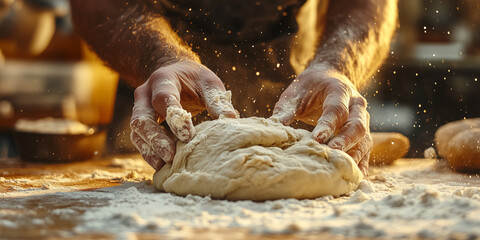 A baker kneads dough on a floured surface, preparing it for baking fresh bread. Hands-focused, bakery atmosphere, culinary craftsmanship at work.