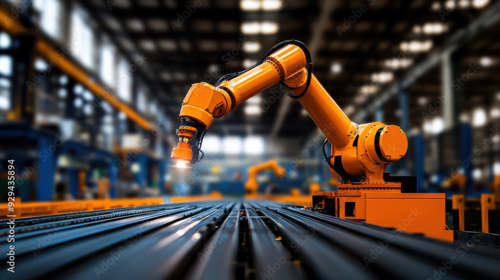 Poster industrial robotic arm performing precision tasks in an automated factory environment, representing 