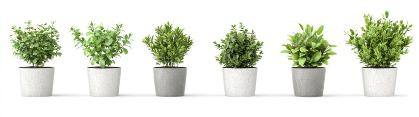 Six potted plants with green foliage and white pots