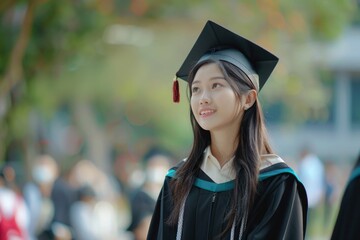 A woman wearing a graduation cap and gown, symbolizing her academic achievement