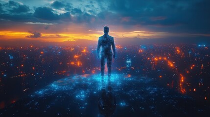 Obraz premium holographic business tycoon digital suit made of streaming data confident pose on virtual skyscraper rooftop cityscape of light grids