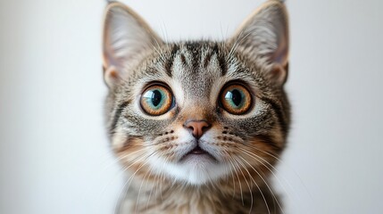 hyperrealistic closeup of a wideeyed tabby cat with an exaggerated surprised expression fur details are crisp and defined stark white background emphasizes the cats animated features