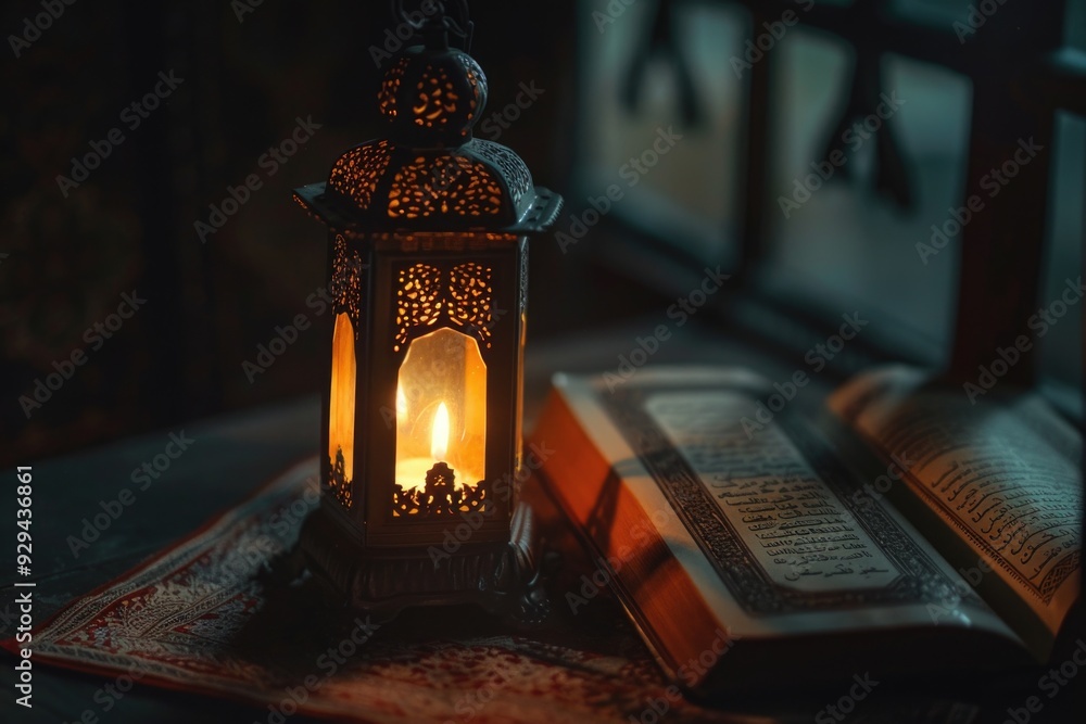 Aufkleber a single lantern sits on top of a table next to an open book, great for interior design or study spa
