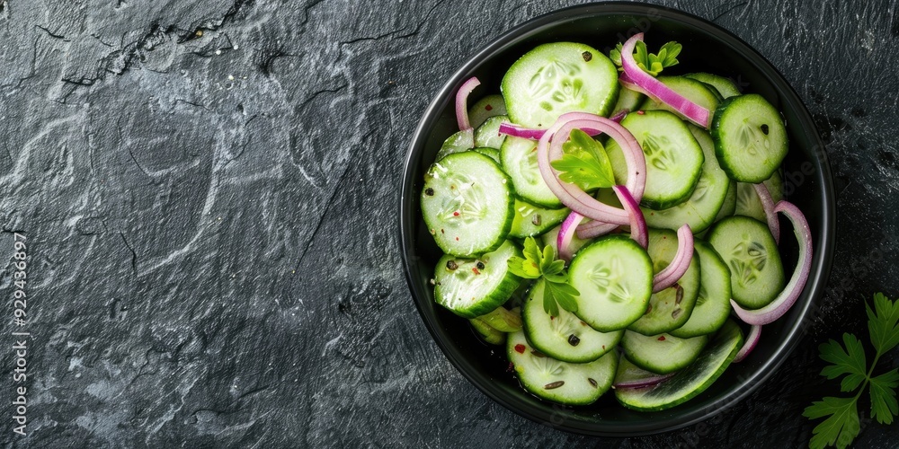 Poster fresh cucumber and onion salad for summer empty space for text overhead view