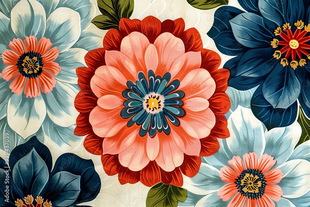 Poster colorful flowers with intricate designs create a striking decorative pattern on a light surface. gen