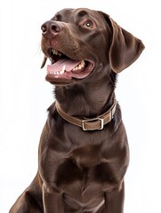 Fototapeta premium Chocolate labrador retriever dog wearing a collar sitting and looking up panting with mouth open , ai