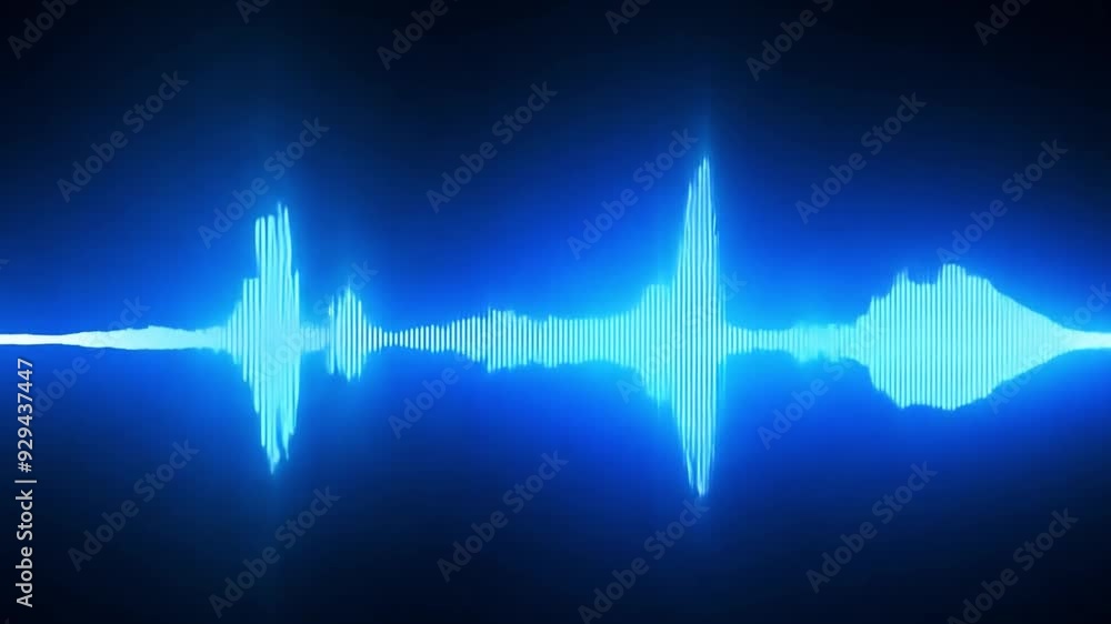 Poster a vibrant blue representation of sound waves illustrates the fluctuations and frequencies of audio s