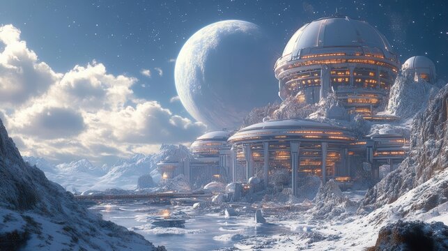 intergalactic spaceport on terraformed exoplanet futuristic architecture blending with alien landscapes bustling with diverse cosmic travelers