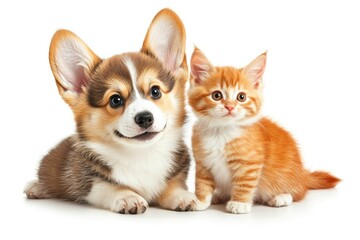 Obraz premium Cute Welsh corgi puppy and a red kitten sit together on a white background. isolated on a white background , ai
