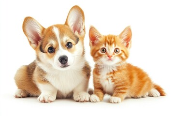Obraz premium Cute Welsh corgi puppy and a red kitten sit together on a white background. isolated on a white background , ai