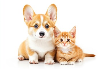 Obraz premium Cute Welsh corgi puppy and a red kitten sit together on a white background. isolated on a white background , ai