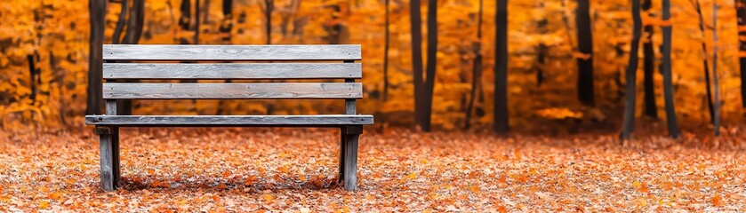 Fototapeta premium A serene wooden bench surrounded by vibrant fall foliage, perfect for relaxation and enjoying nature's beauty.