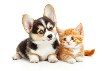Obraz premium Cute Welsh corgi puppy and a red kitten sit together on a white background. isolated on a white background , ai
