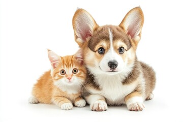 Cute Welsh corgi puppy and a red kitten sit together on a white background. isolated on a white background , ai