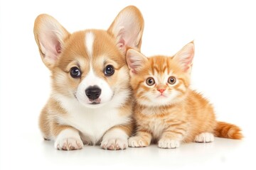 Obraz premium Cute Welsh corgi puppy and a red kitten sit together on a white background. isolated on a white background , ai
