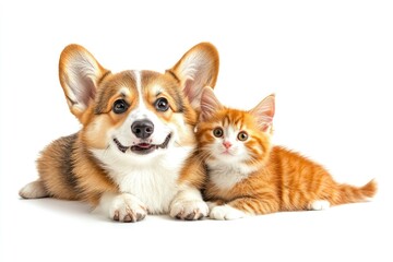 Obraz premium Cute Welsh corgi puppy and a red kitten sit together on a white background. isolated on a white background , ai