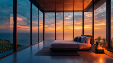 Beautiful decorated luxury hotel room with a large bed and sea view at sunset