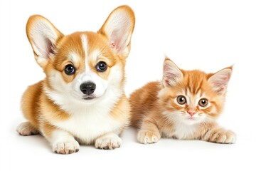 Obraz premium Cute Welsh corgi puppy and a red kitten sit together on a white background. isolated on a white background , ai