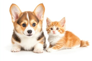 Obraz premium Cute Welsh corgi puppy and a red kitten sit together on a white background. isolated on a white background , ai