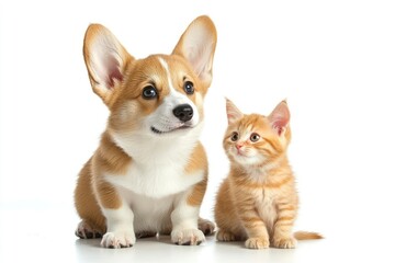Obraz premium Cute Welsh corgi puppy and a red kitten sit together on a white background. isolated on a white background , ai