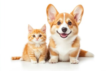 Obraz premium Cute Welsh corgi puppy and a red kitten sit together on a white background. isolated on a white background , ai