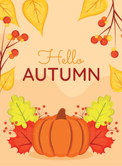 Autumn greeting card with pumpkin and fall leaves Vector