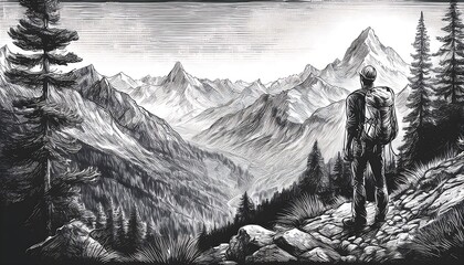 Engraved Alpine Hiking silhouette Scene - A detailed engraving of a hiker standing on a rocky trail. Adventure Graphic art illustration