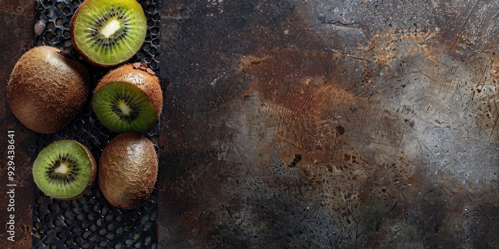 Poster kiwi fruit assortment on table with vertical composition and room for text