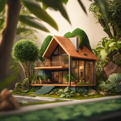 Geometric miniature and cartoon house with jungle style, extremely detailed, realistic photo, 4k realistic photo.