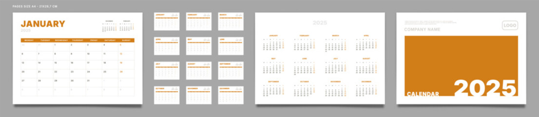 Set of 2025 Pages Monthly Calendar Planner Templates, Cover with Place for Photo, Company Logo, Annual. Design of Vector layout Calendar Pages size A4-21x29.7 cm in for print. Week start on Monday