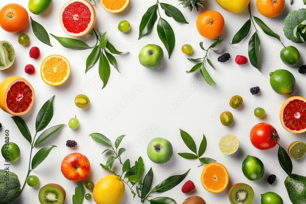 Poster A colorful arrangement of various fruits and vegetables in a circular pattern, suitable for use on packaging or as a decorative element