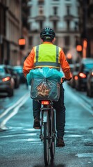 Naklejka premium A delivery worker rides a bike laden with a blue bag through a bustling city street at dusk