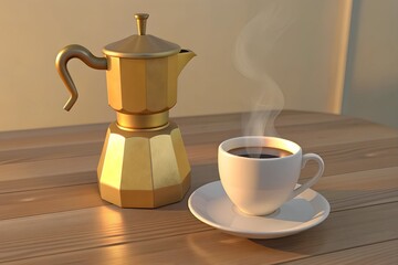 A vintage brass espresso machine on a rustic table, mid-pour into a porcelain cup, bathed in soft morning sunlight with steam rising.