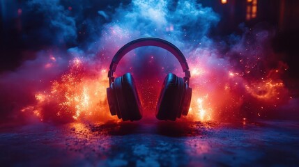 levitating headphones surrounded by exploding neon powder dynamic freezeframe vivid color spectrum black background