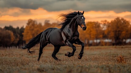 Black Horse Running Through Autumn Field at Sunset