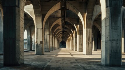 A train passes under a bridge with columns, a common scene in many places