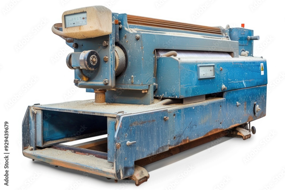 Poster a machine sitting on a table with various tools and equipment around it