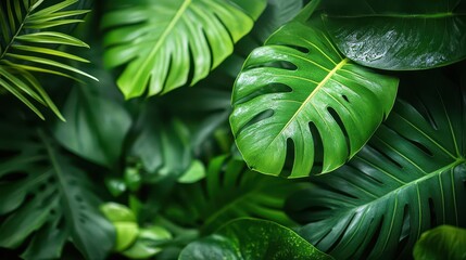 Fototapeta premium lush tropical leaves creating natural frame vibrant greens with subtle color variations soft focus background suggesting depth and humidity
