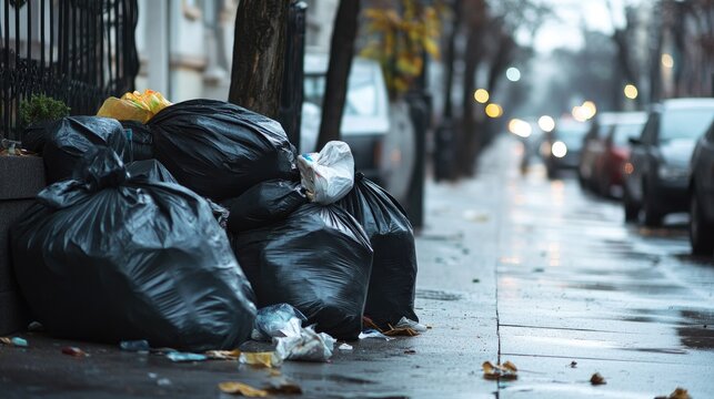 Garbage bags piled up on a city sidewalk, illustrating urban waste and the challenges of disposal.