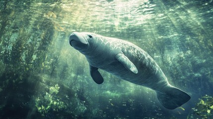 Gentle manatee swimming through a clear freshwater spring, symbolizing the tranquility of marine life.